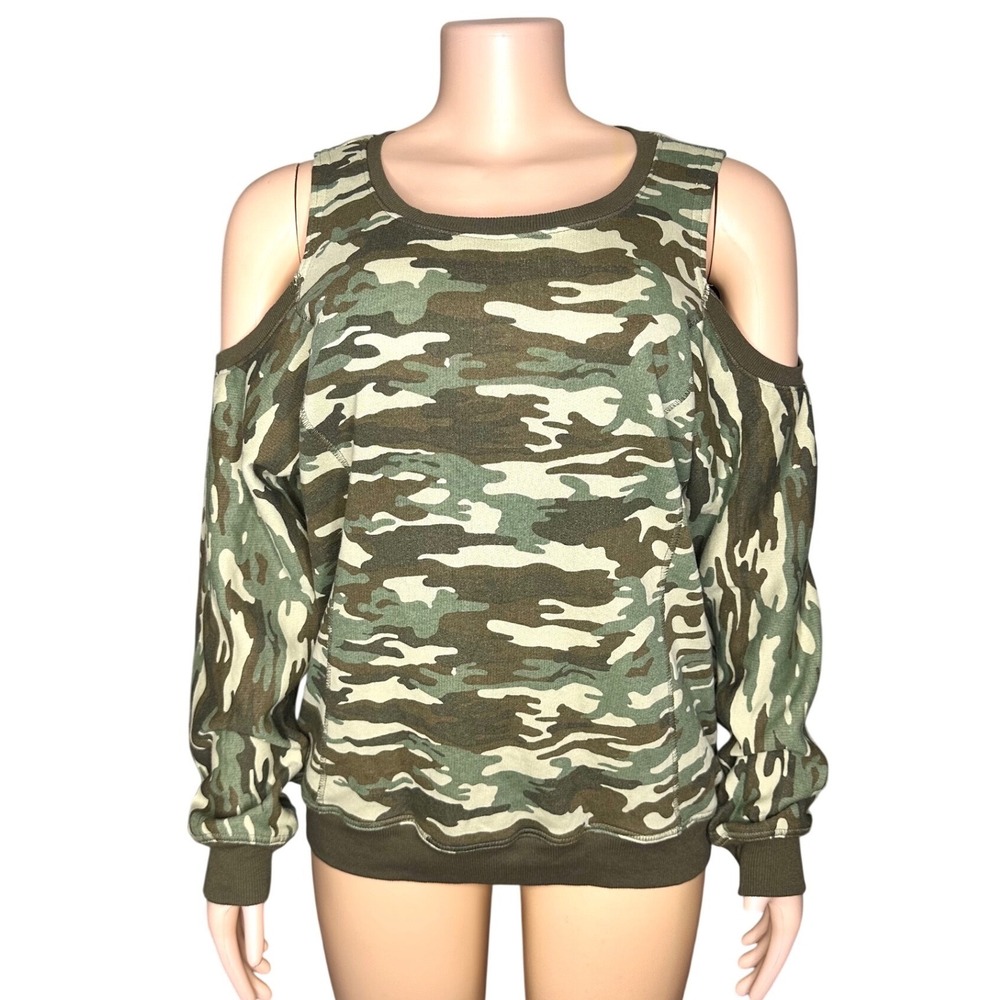 No Comment NY LA Women's Camo Cold Shoulder Sweatshirt Size XL Green XL NWT